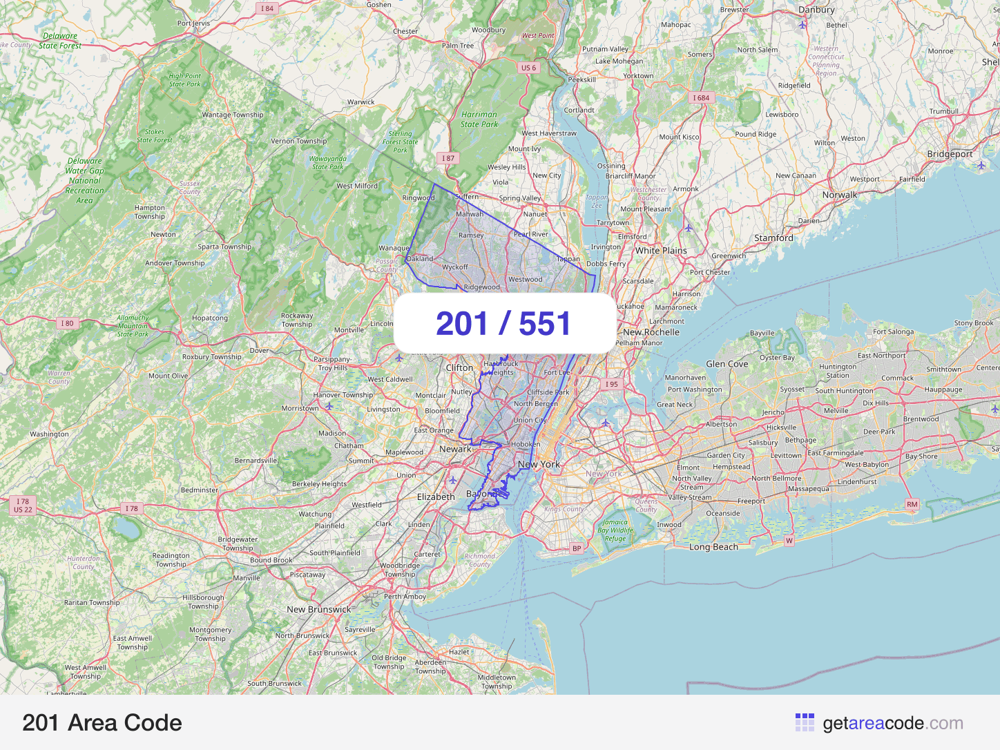 Map of the 201 area code service region around Jersey City, NJ