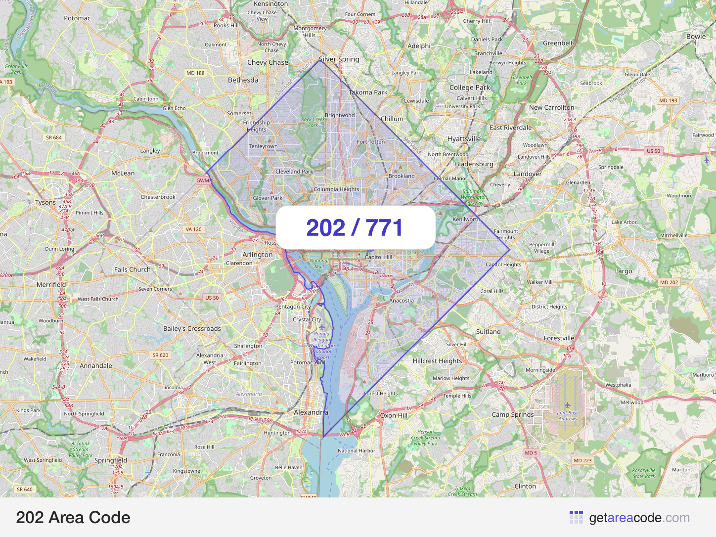Map of the 202 area code service region around Washington, DC