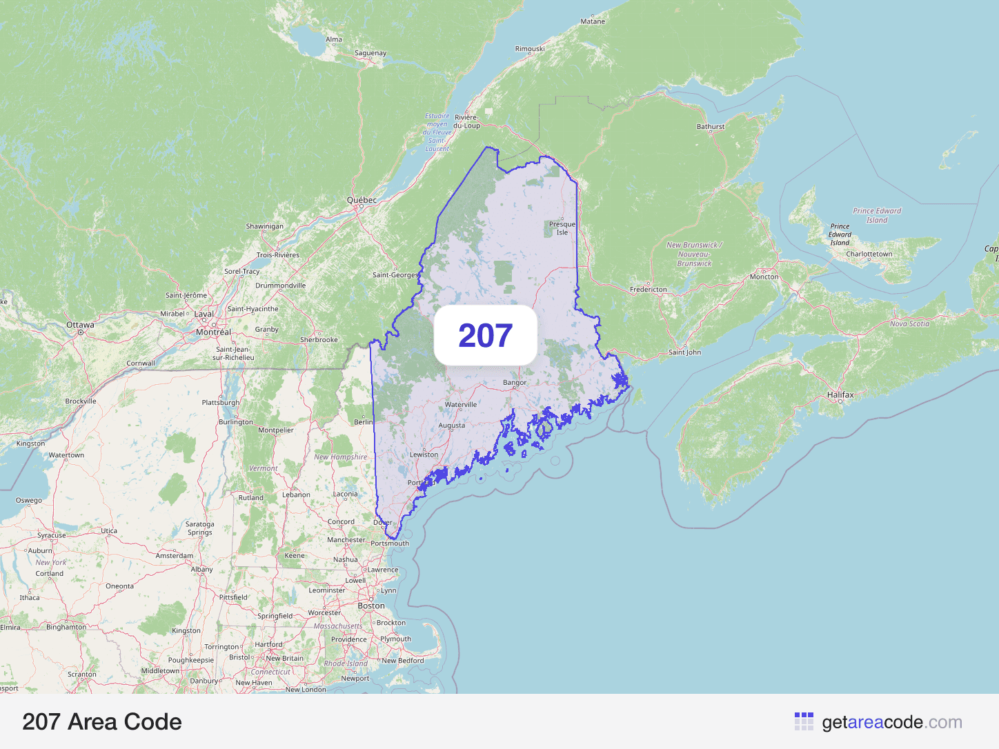 Map of the 207 area code service region around Portland, ME