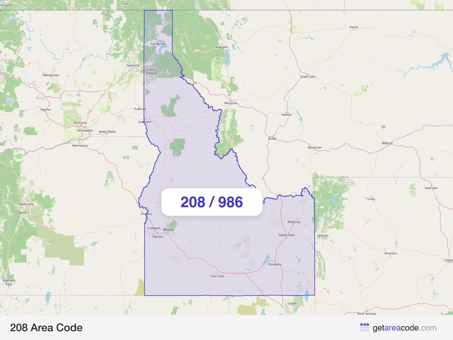 Map of the 208 area code service region around Boise City, ID