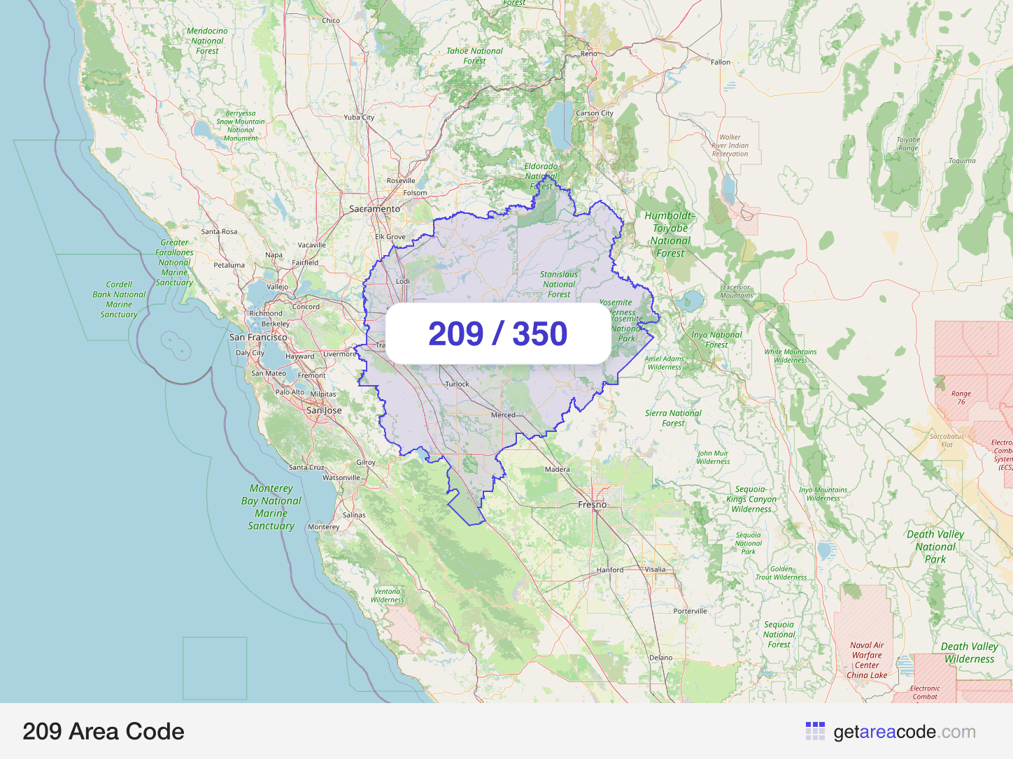 Map of the 209 area code service region around Stockton, CA