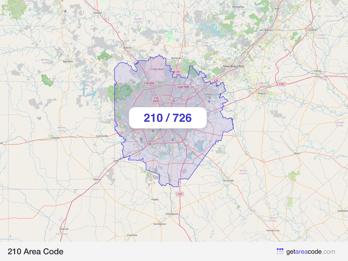 Map of the 210 area code service region around San Antonio, TX