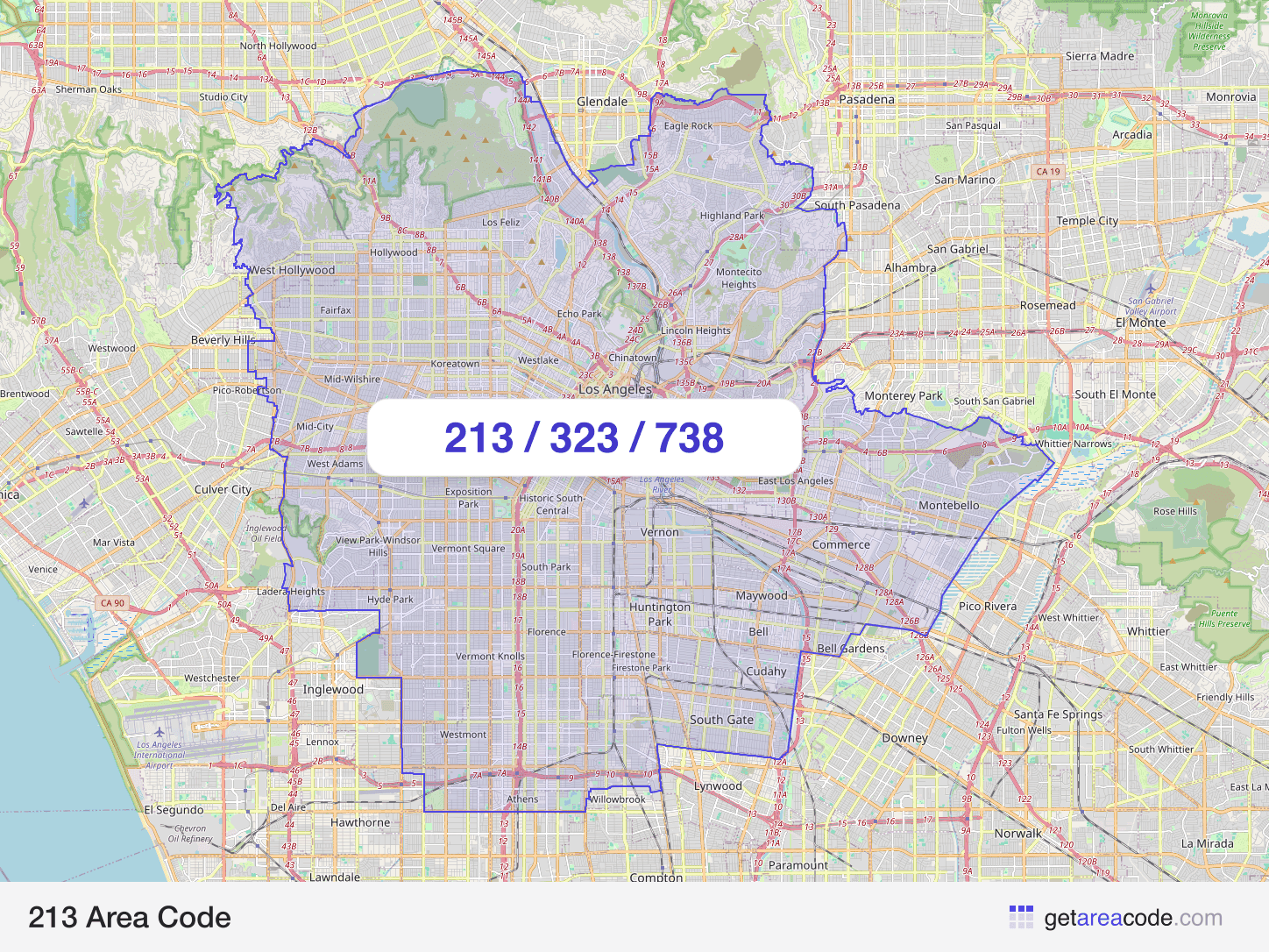 Map of the 213 area code service region around Los Angeles, CA