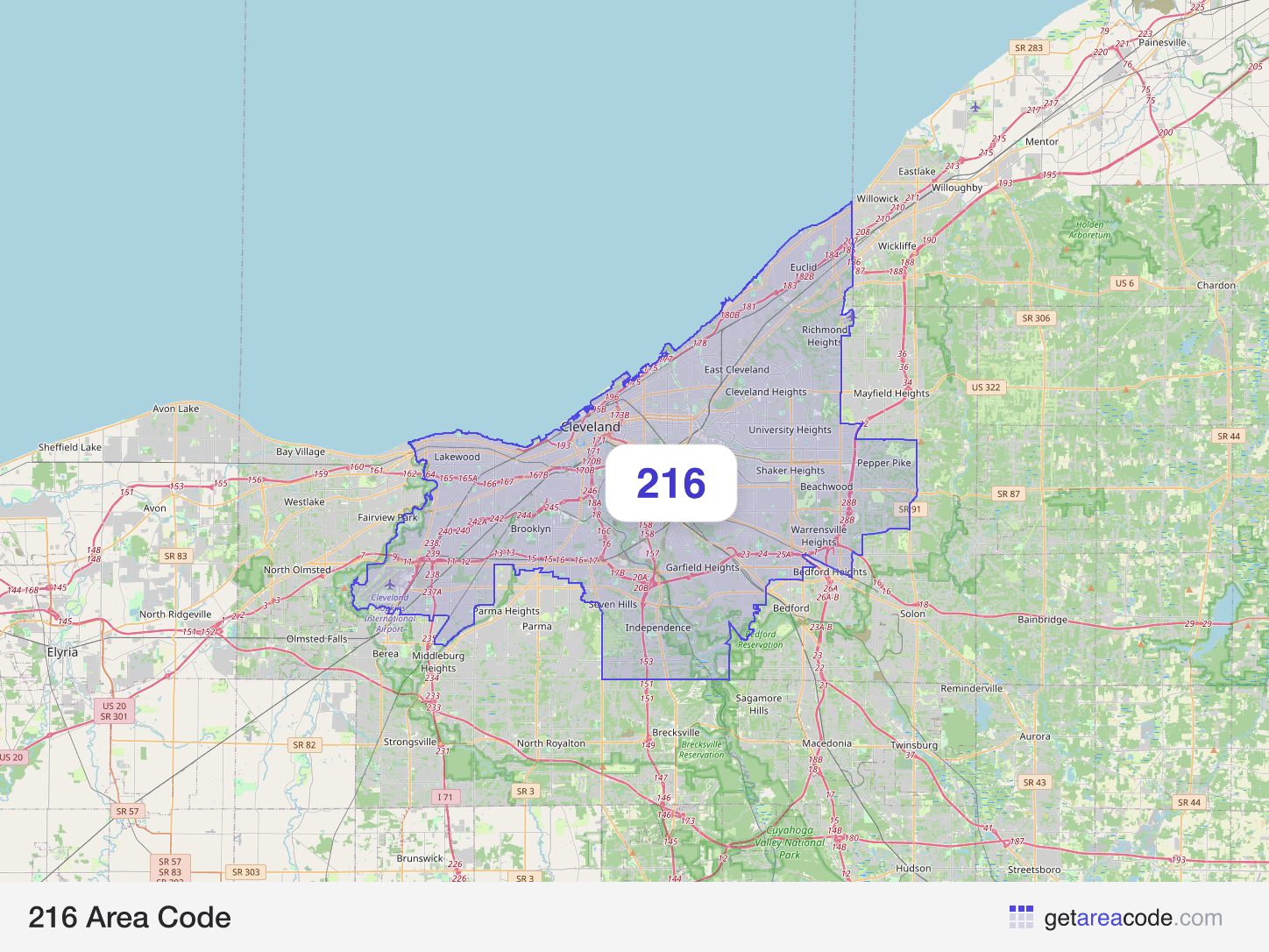 Map of the 216 area code service region around Cleveland, OH