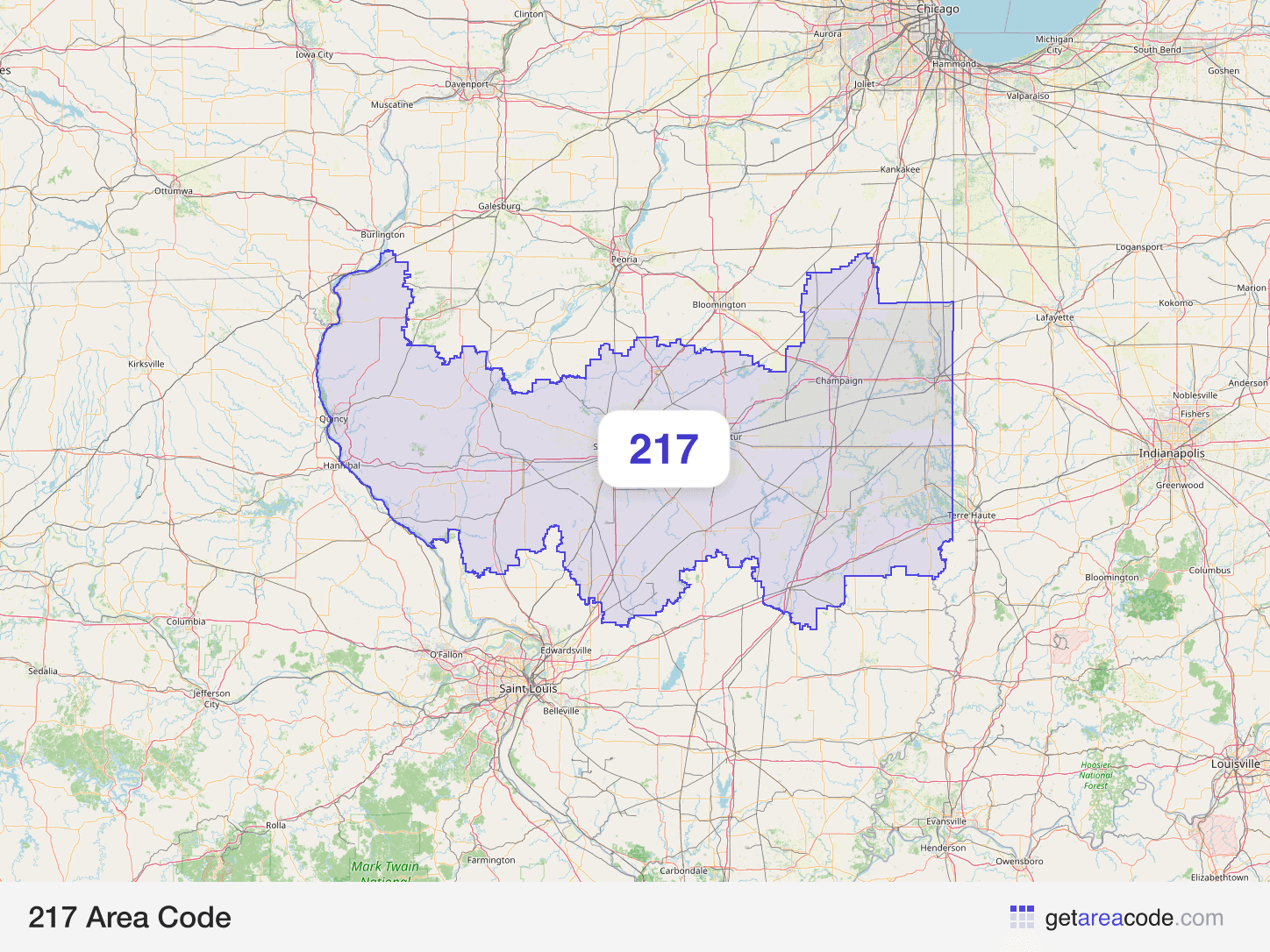 Map of the 217 area code service region around Springfield, IL