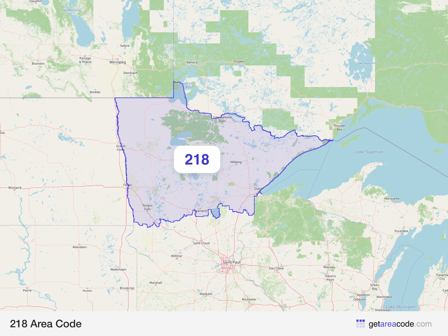 Map of the 218 area code service region around Duluth, MN