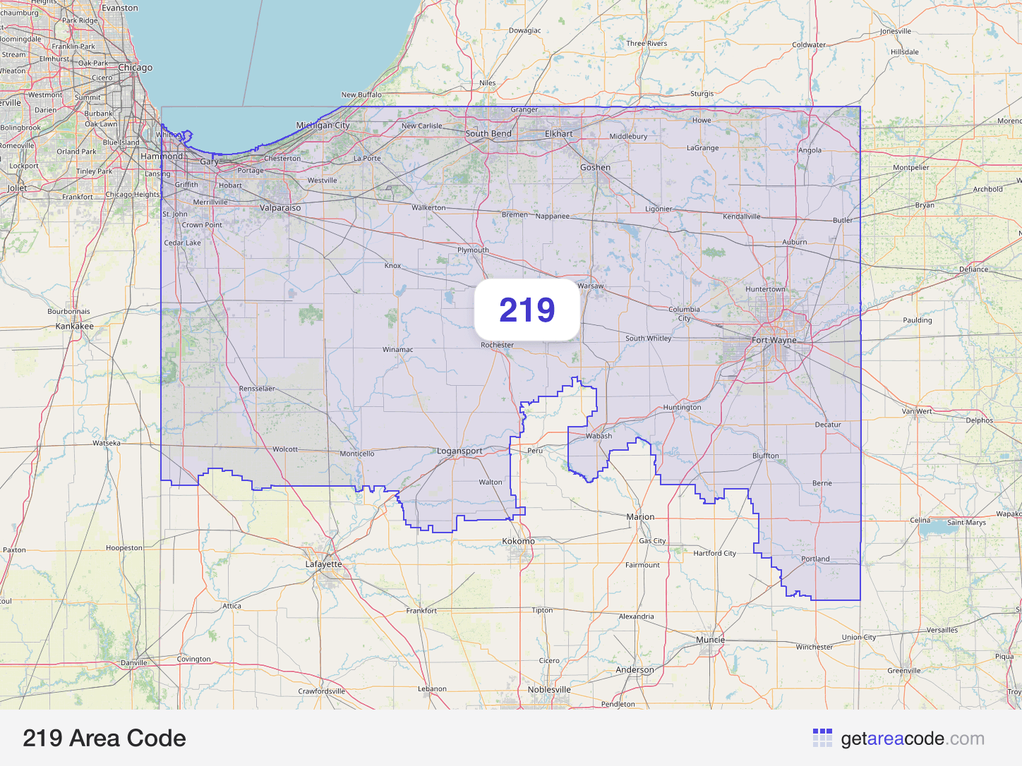 Map of the 219 area code service region around Hammond, IN
