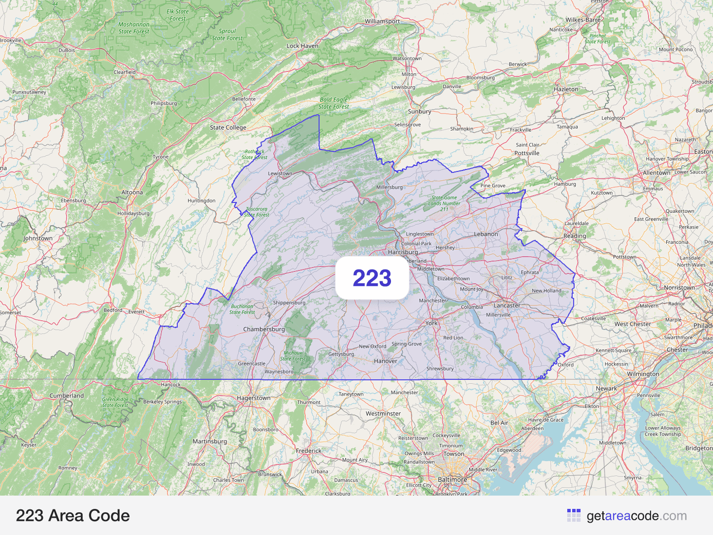 Map of the 223 area code service region around Lancaster, PA
