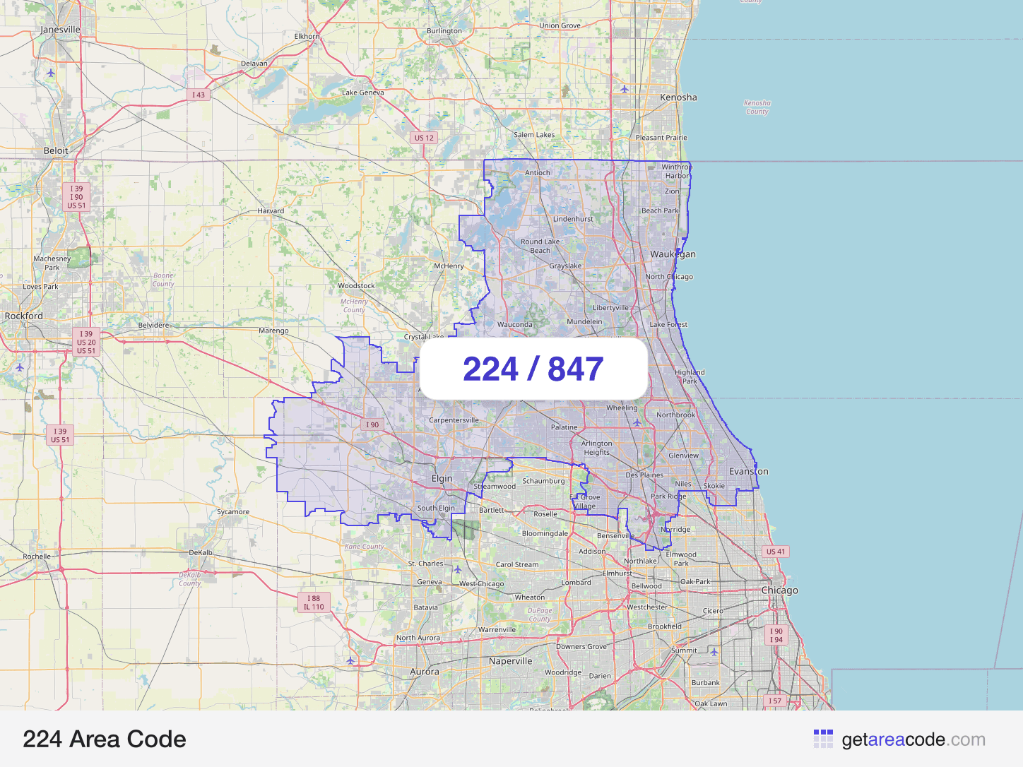Map of the 224 area code service region around Elgin, IL