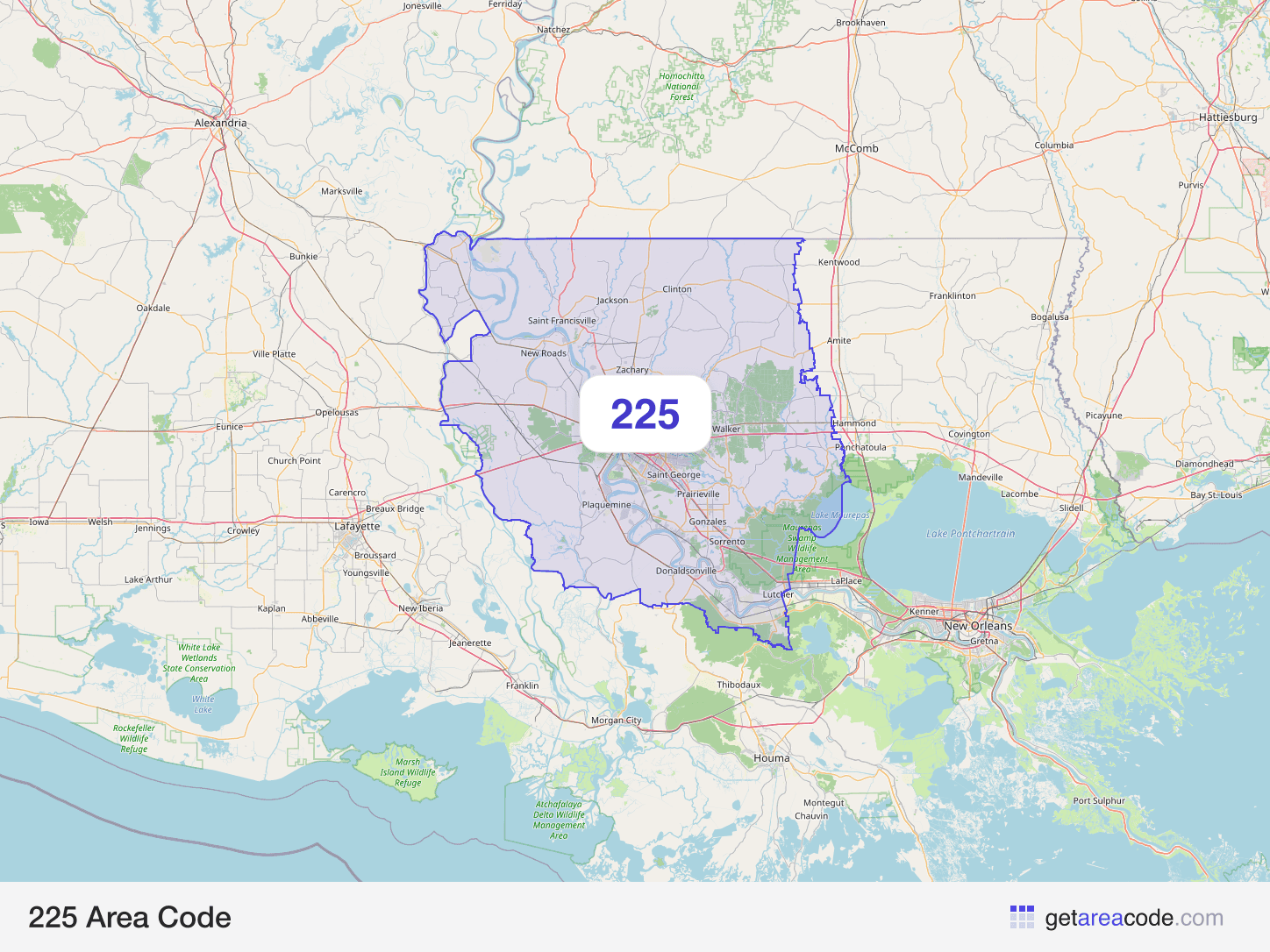 Map of the 225 area code service region around Baton Rouge, LA