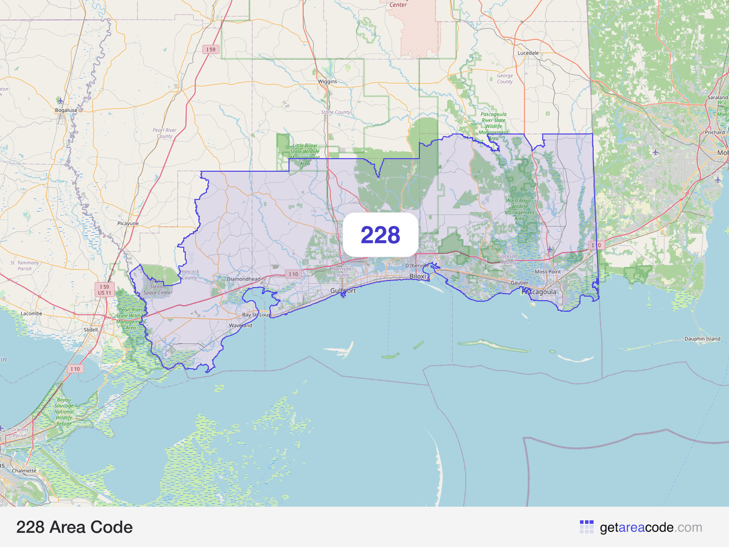 Map of the 228 area code service region around Gulfport, MS