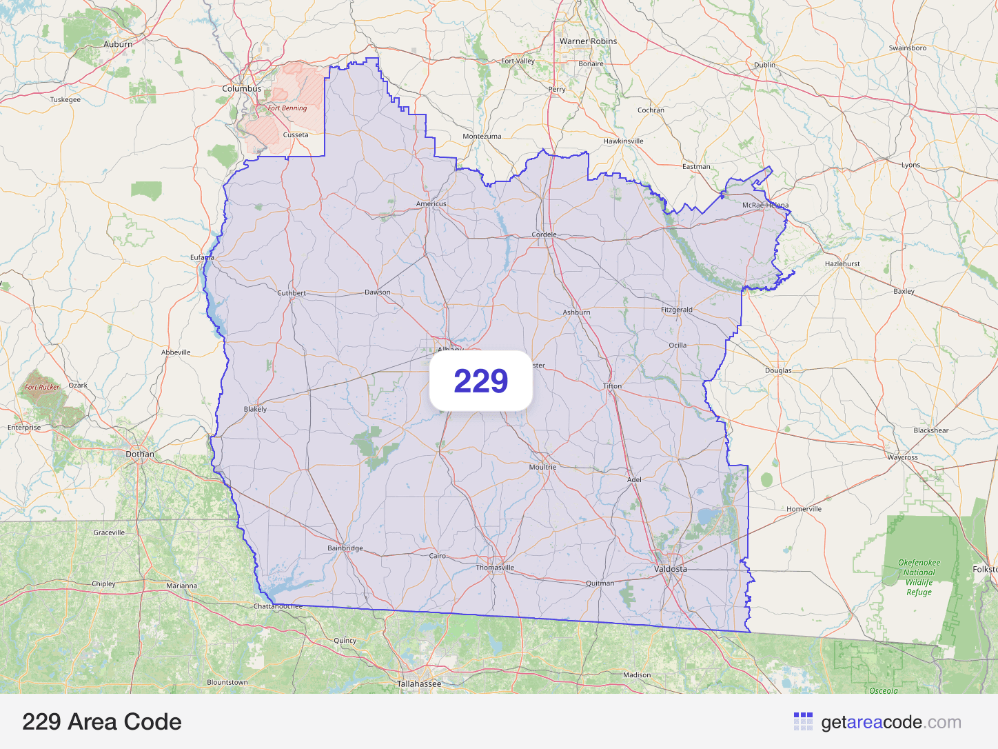 Map of the 229 area code service region around Albany, GA