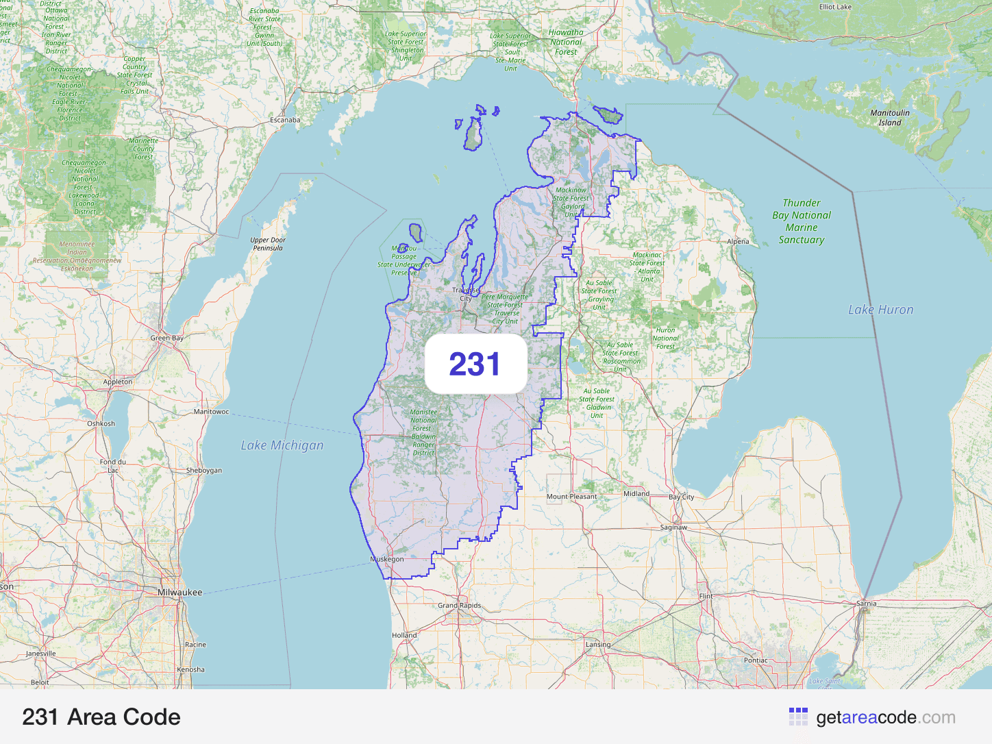 Map of the 231 area code service region around Muskegon, MI