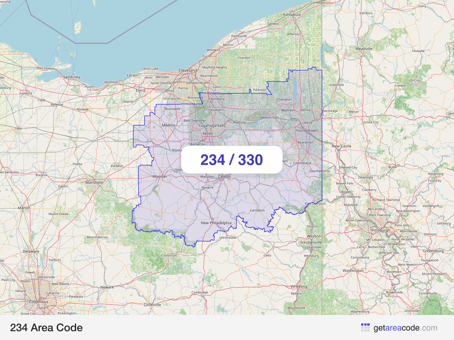Map of the 234 area code service region around Akron, OH