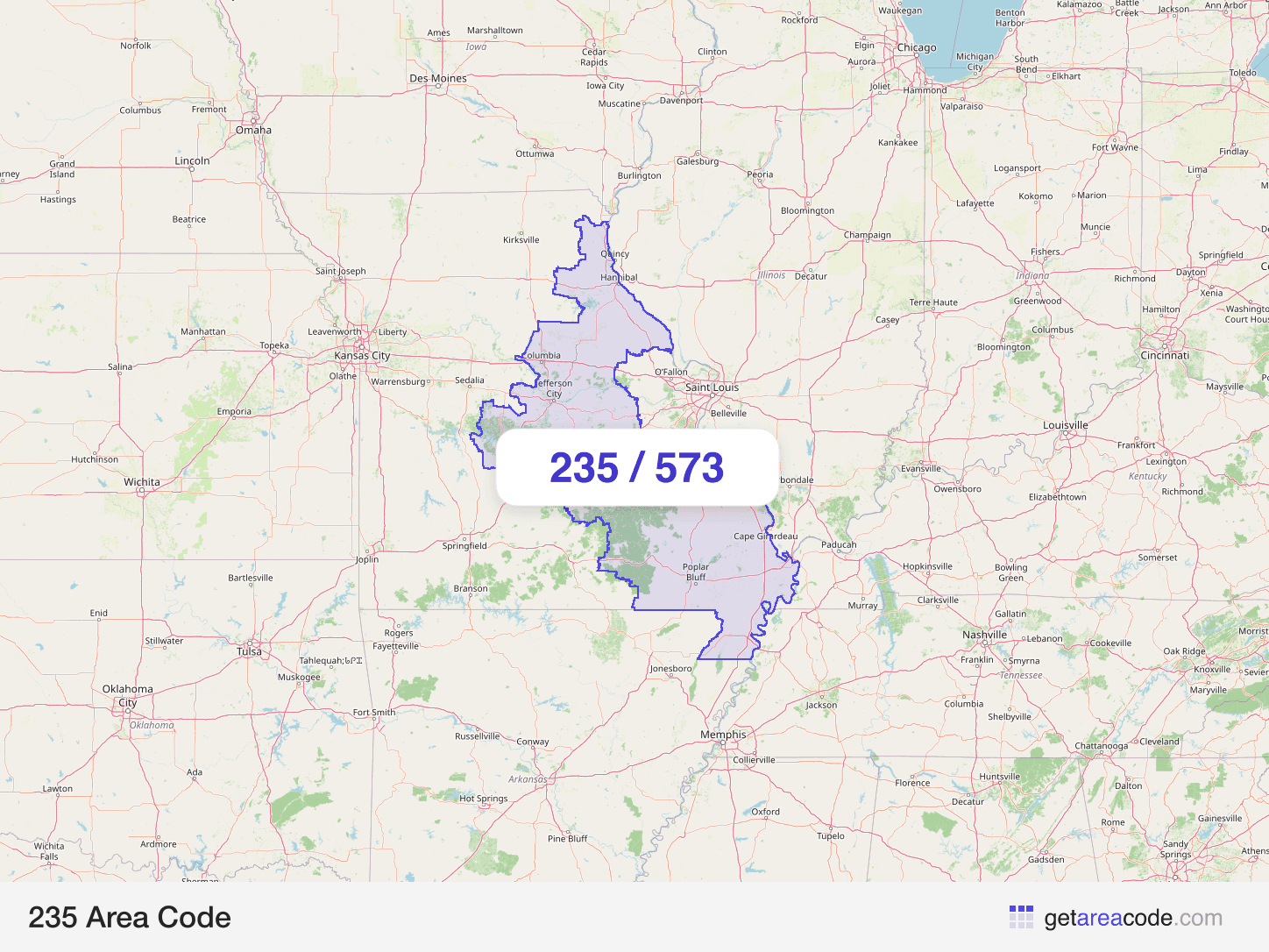 Map of the 235 area code service region around Columbia, MO