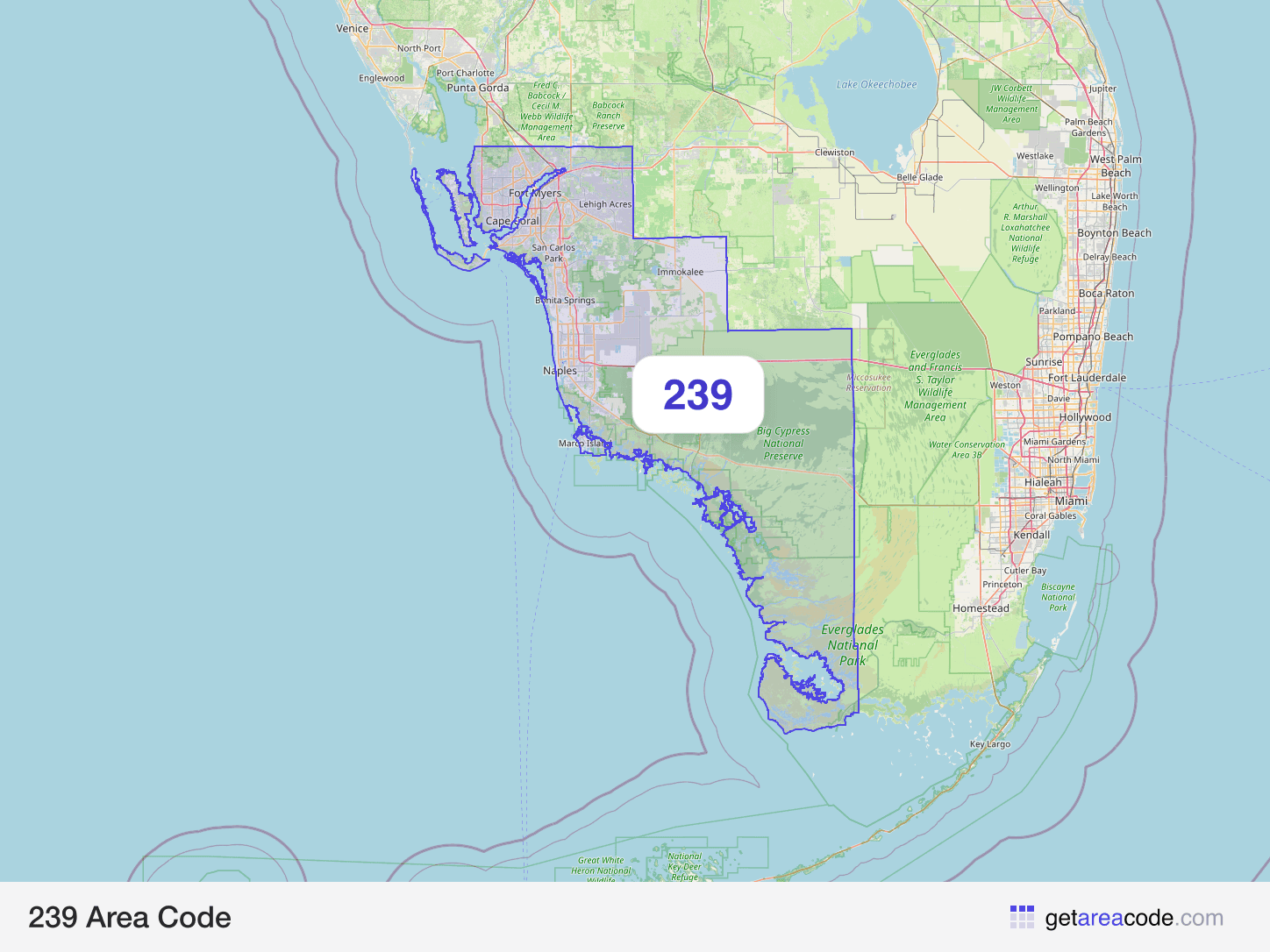 Map of the 239 area code service region around Cape Coral, FL