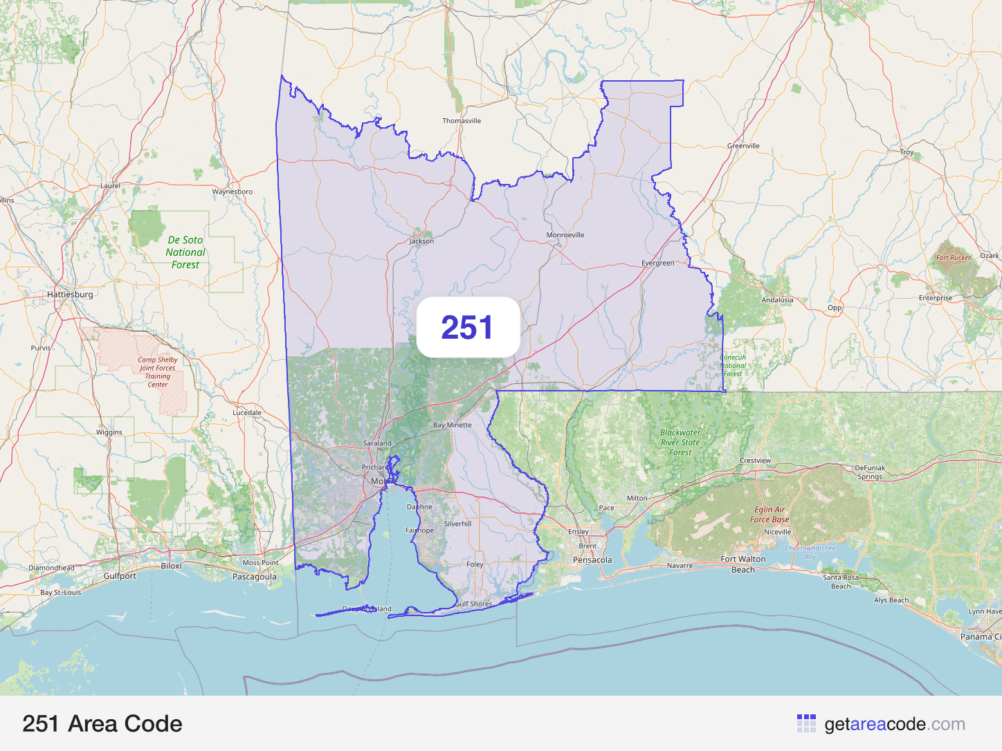 Map of the 251 area code service region around Mobile, AL