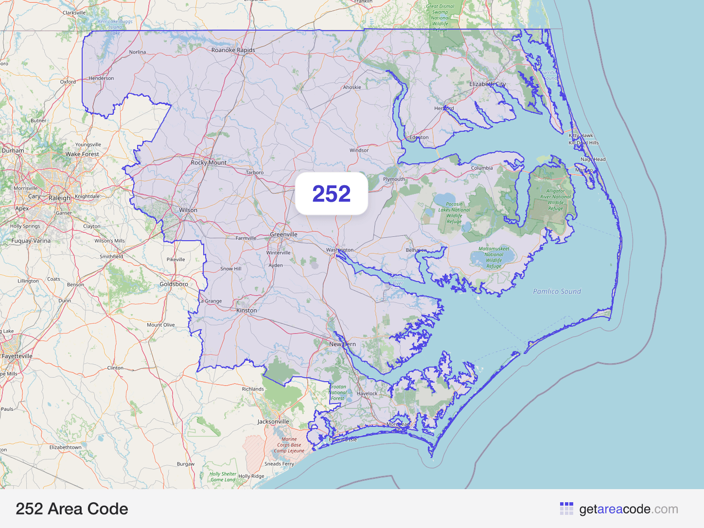 Map of the 252 area code service region around Greenville, NC