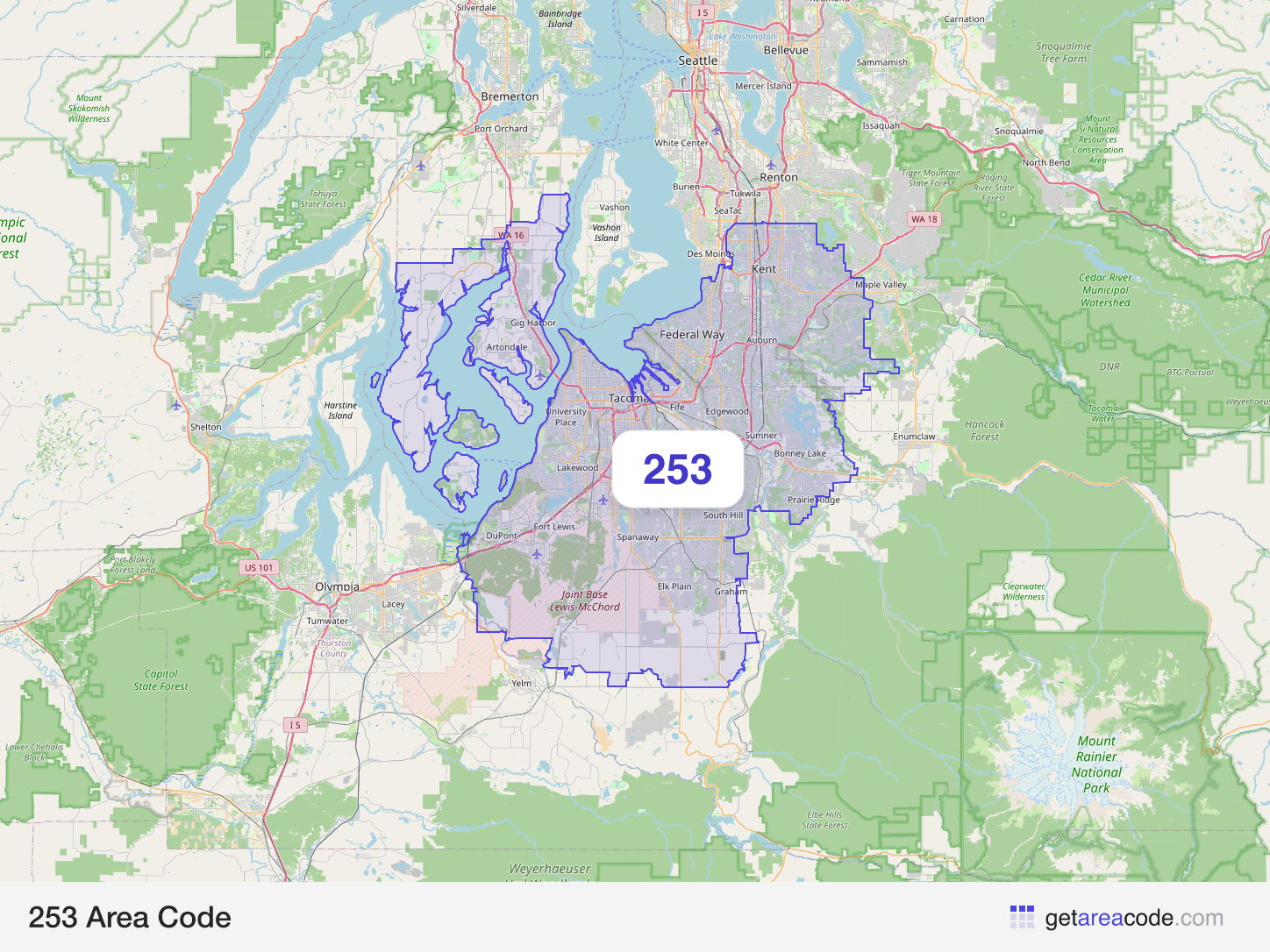 Map of the 253 area code service region around Tacoma, WA