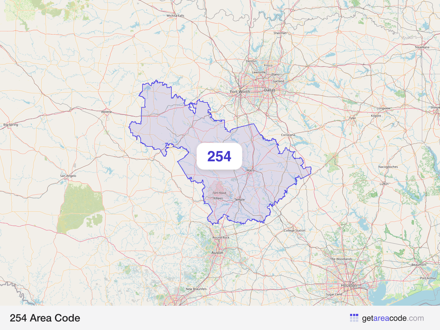 Map of the 254 area code service region around Killeen, TX
