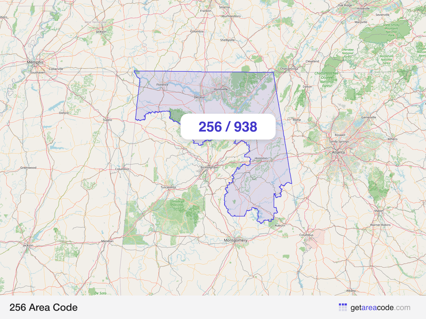 Map of the 256 area code service region around Huntsville, AL
