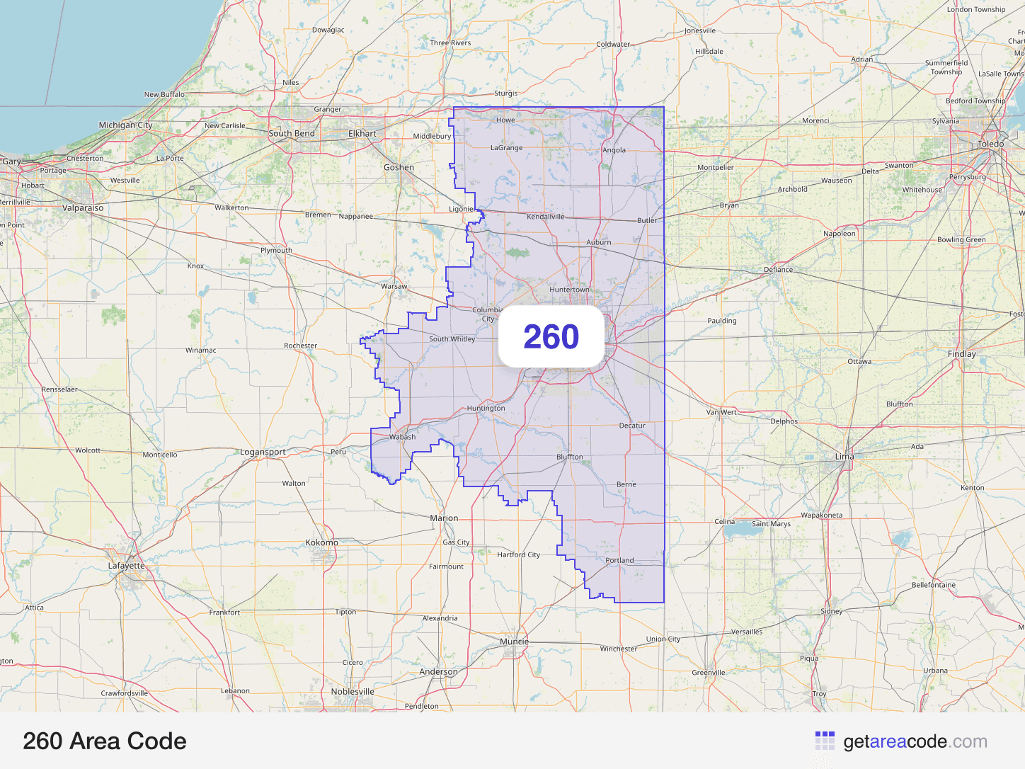 Map of the 260 area code service region around Fort Wayne, IN