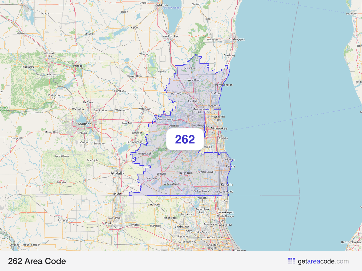 Map of the 262 area code service region around Kenosha, WI