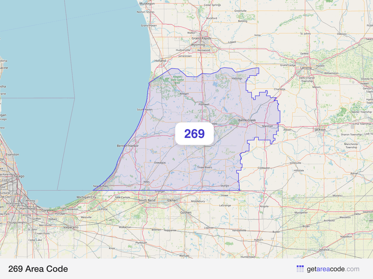 Map of the 269 area code service region around Kalamazoo, MI