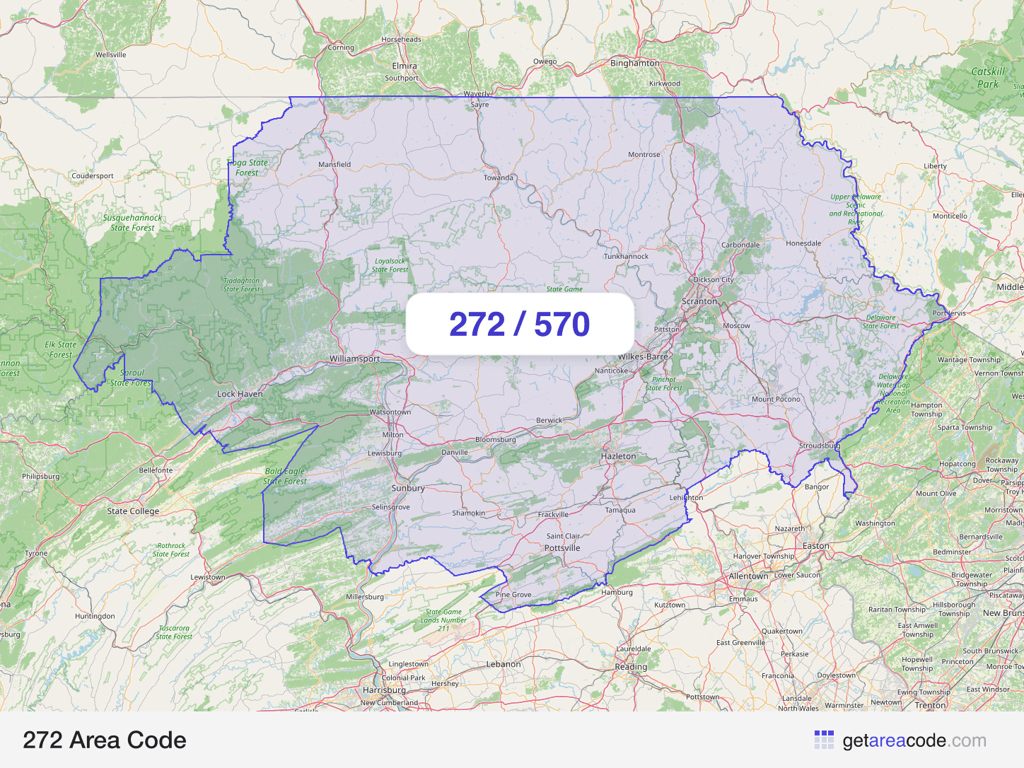 Map of the 272 area code service region around Scranton, PA