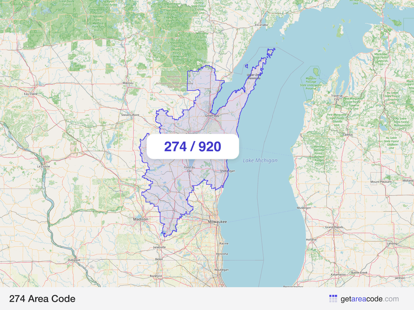 Map of the 274 area code service region around Green Bay, WI