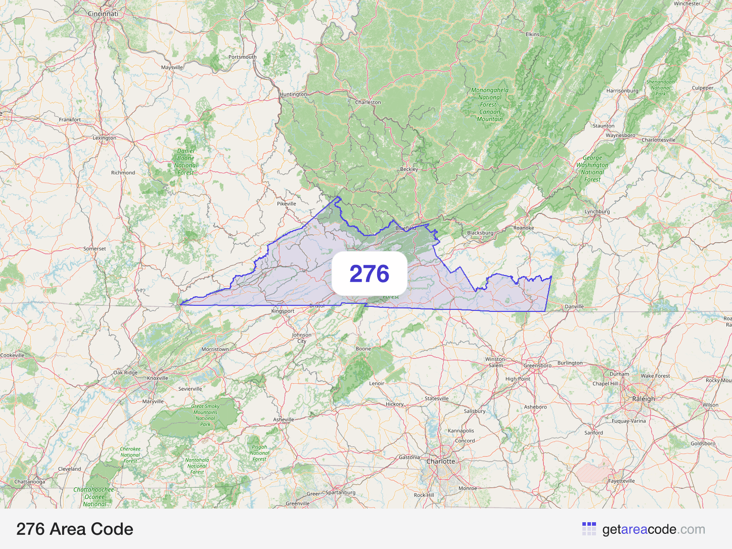 Map of the 276 area code service region around Bristol, VA