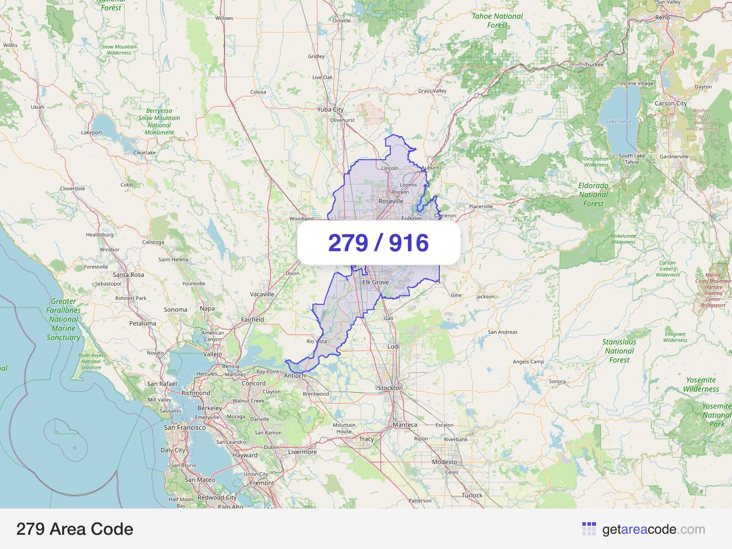 Map of the 279 area code service region around Sacramento, CA