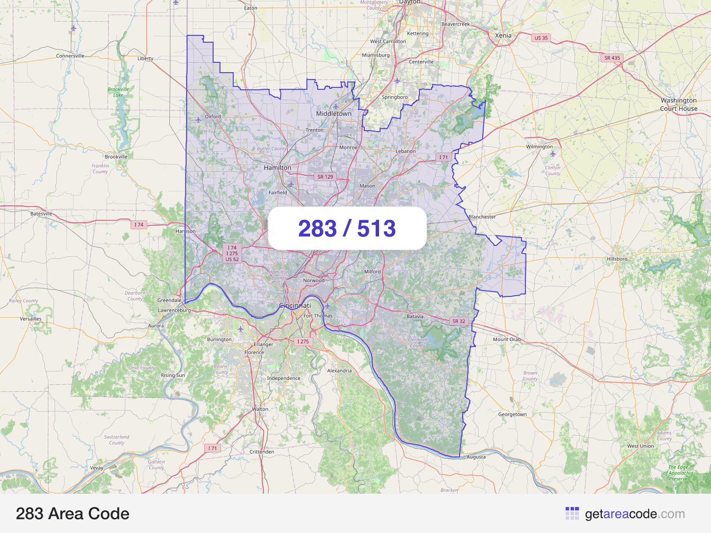 Map of the 283 area code service region around Cincinnati, OH