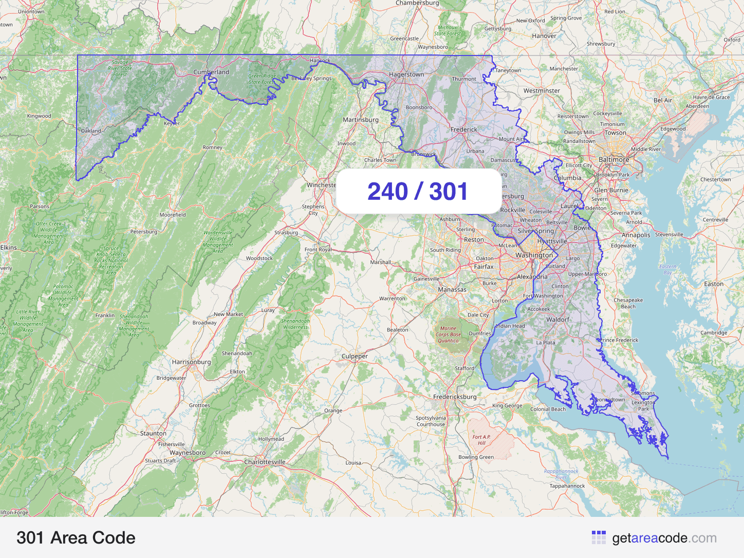 Map of the 301 area code service region around Germantown, MD