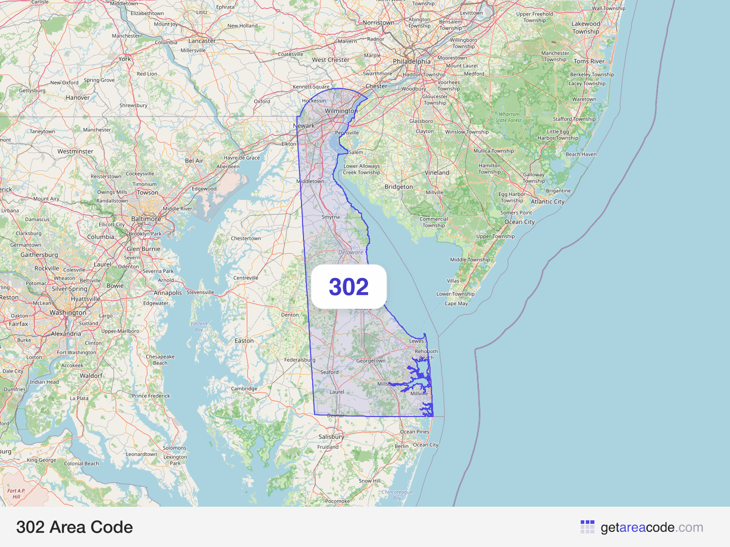 Map of the 302 area code service region around Wilmington, DE