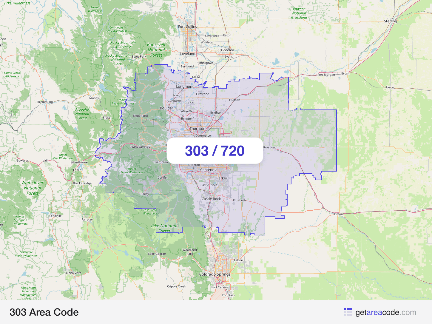 Map of the 303 area code service region around Denver, CO