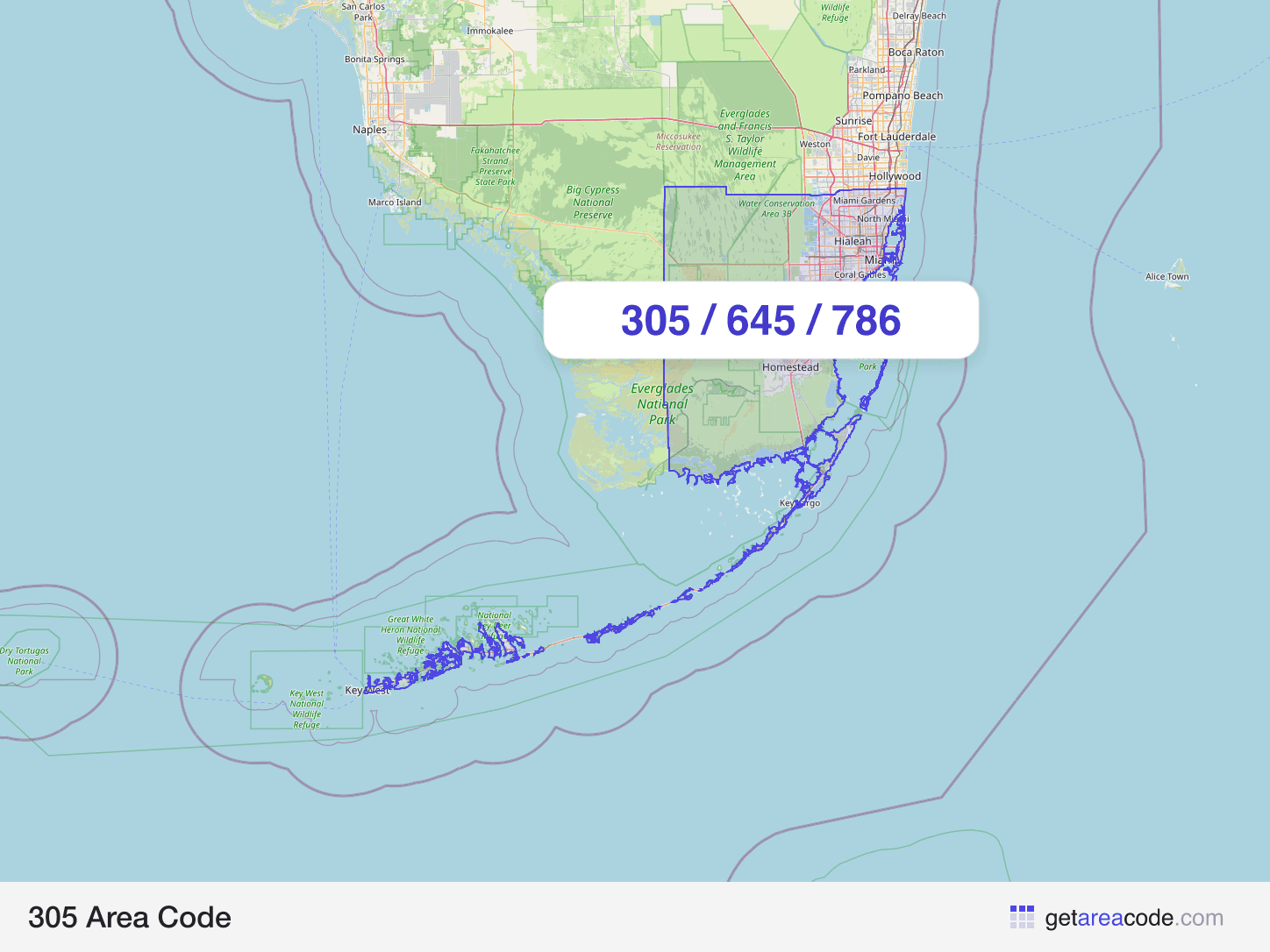 Map of the 305 area code service region around Miami, FL