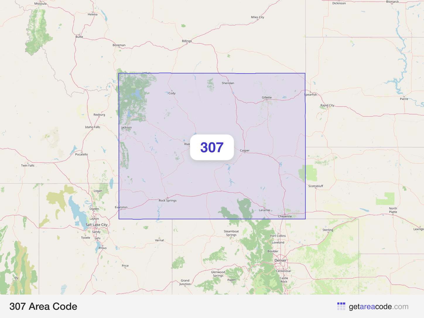 Map of the 307 area code service region around Cheyenne, WY