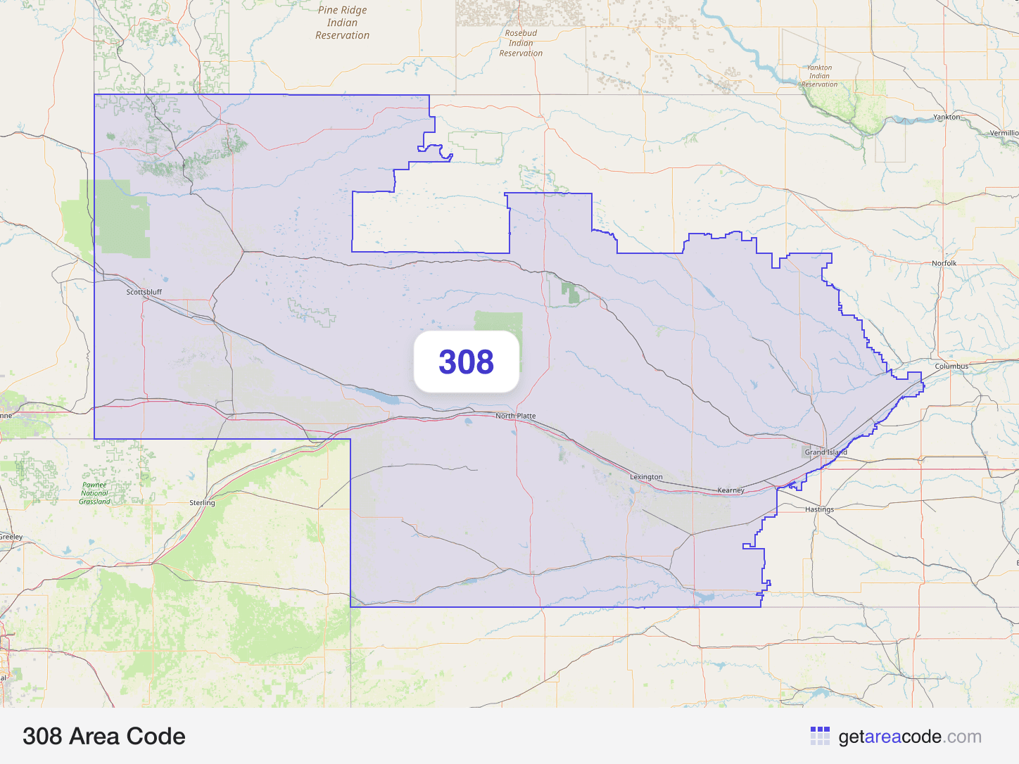 Map of the 308 area code service region around Grand Island, NE