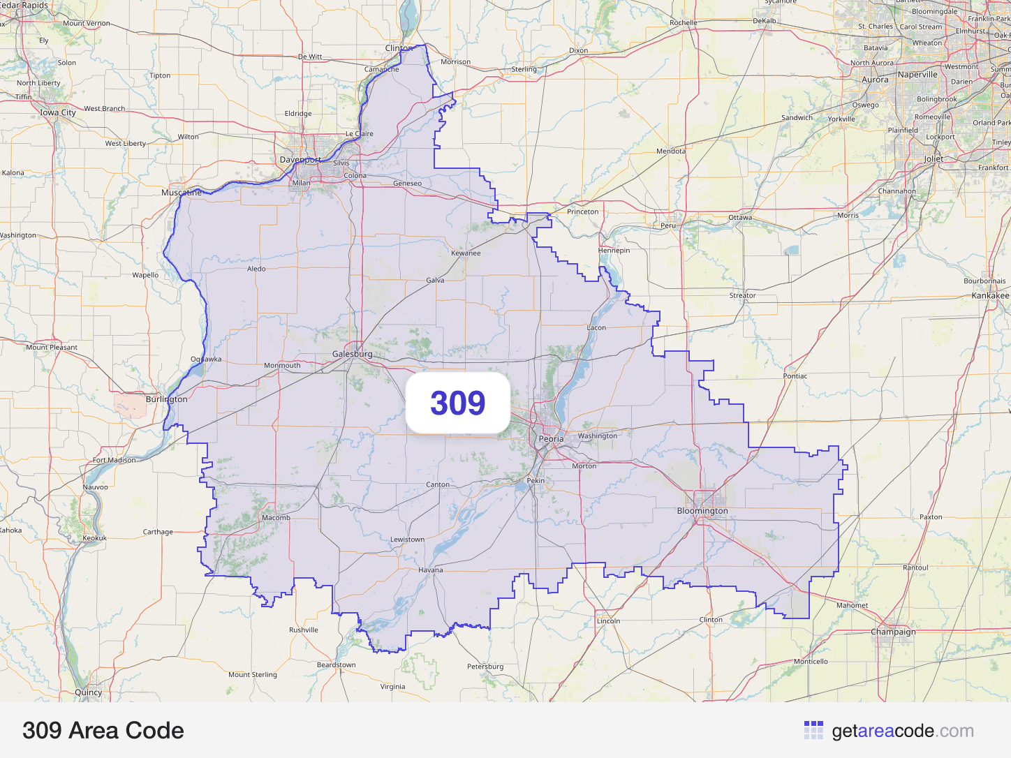Map of the 309 area code service region around Peoria, IL