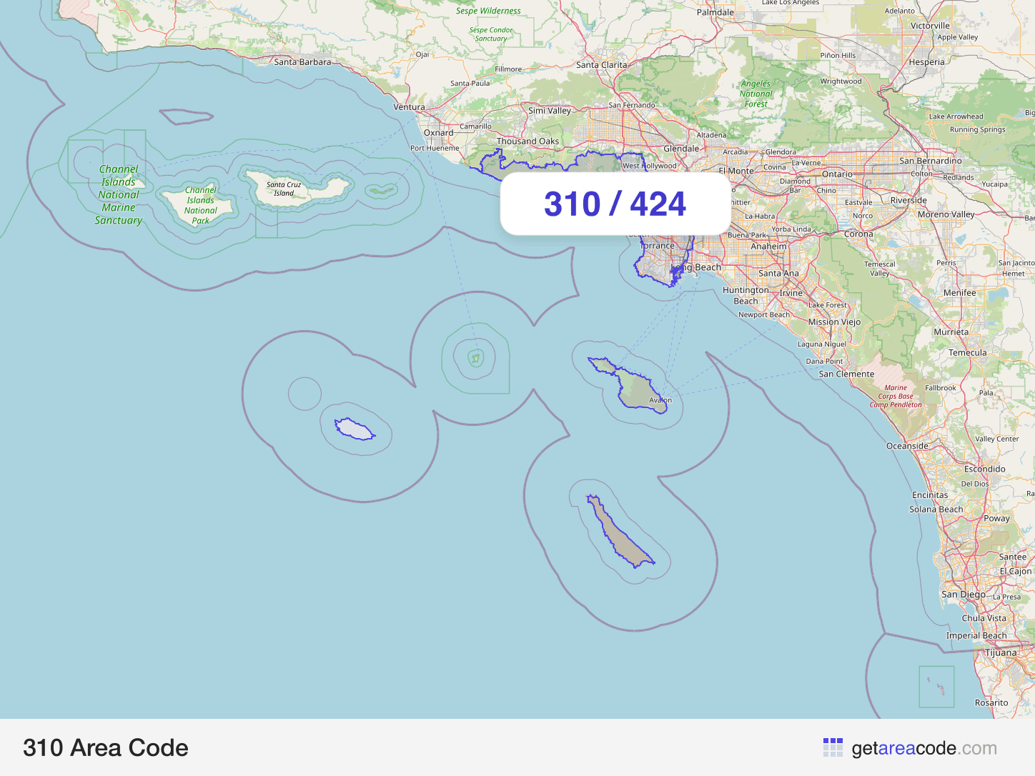 Map of the 310 area code service region around Los Angeles, CA