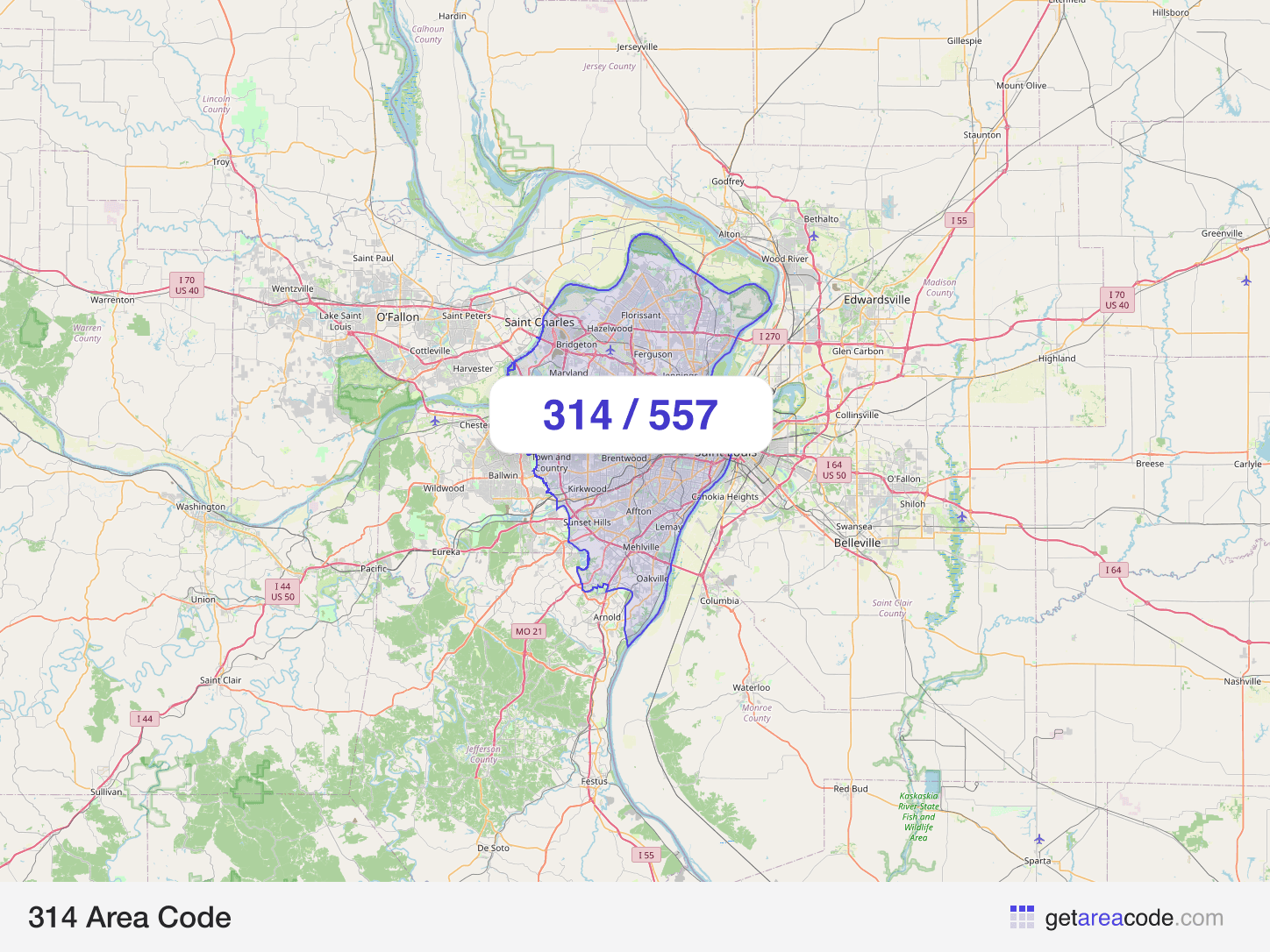 Map of the 314 area code service region around St. Louis, MO