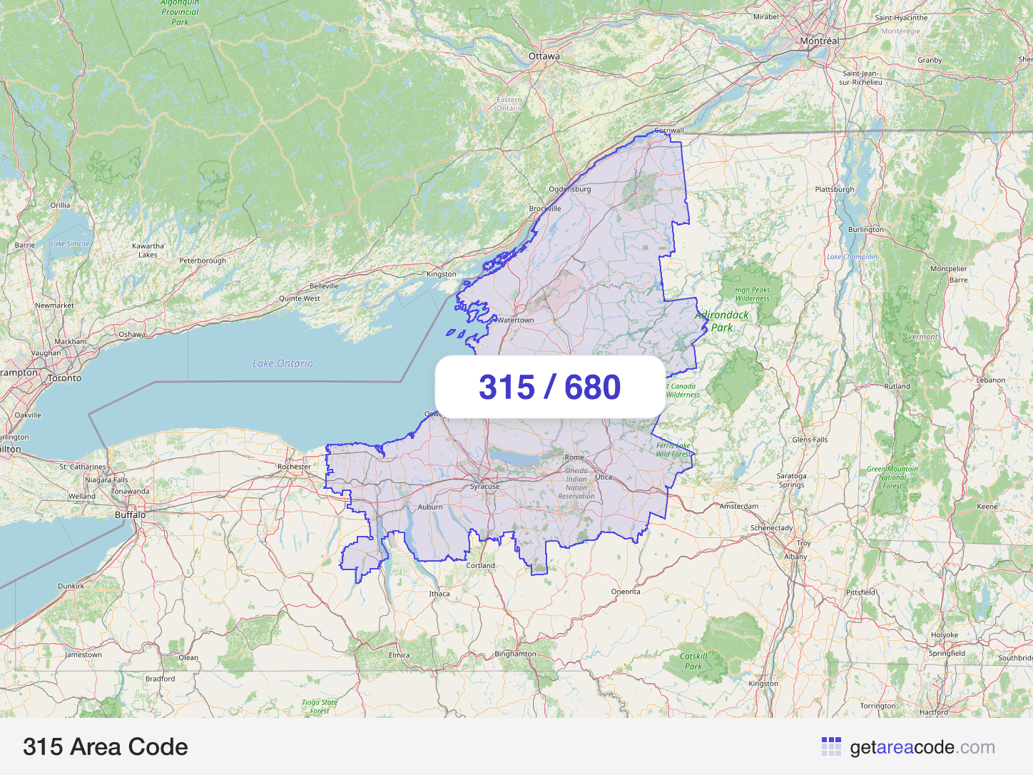Map of the 315 area code service region around Syracuse, NY