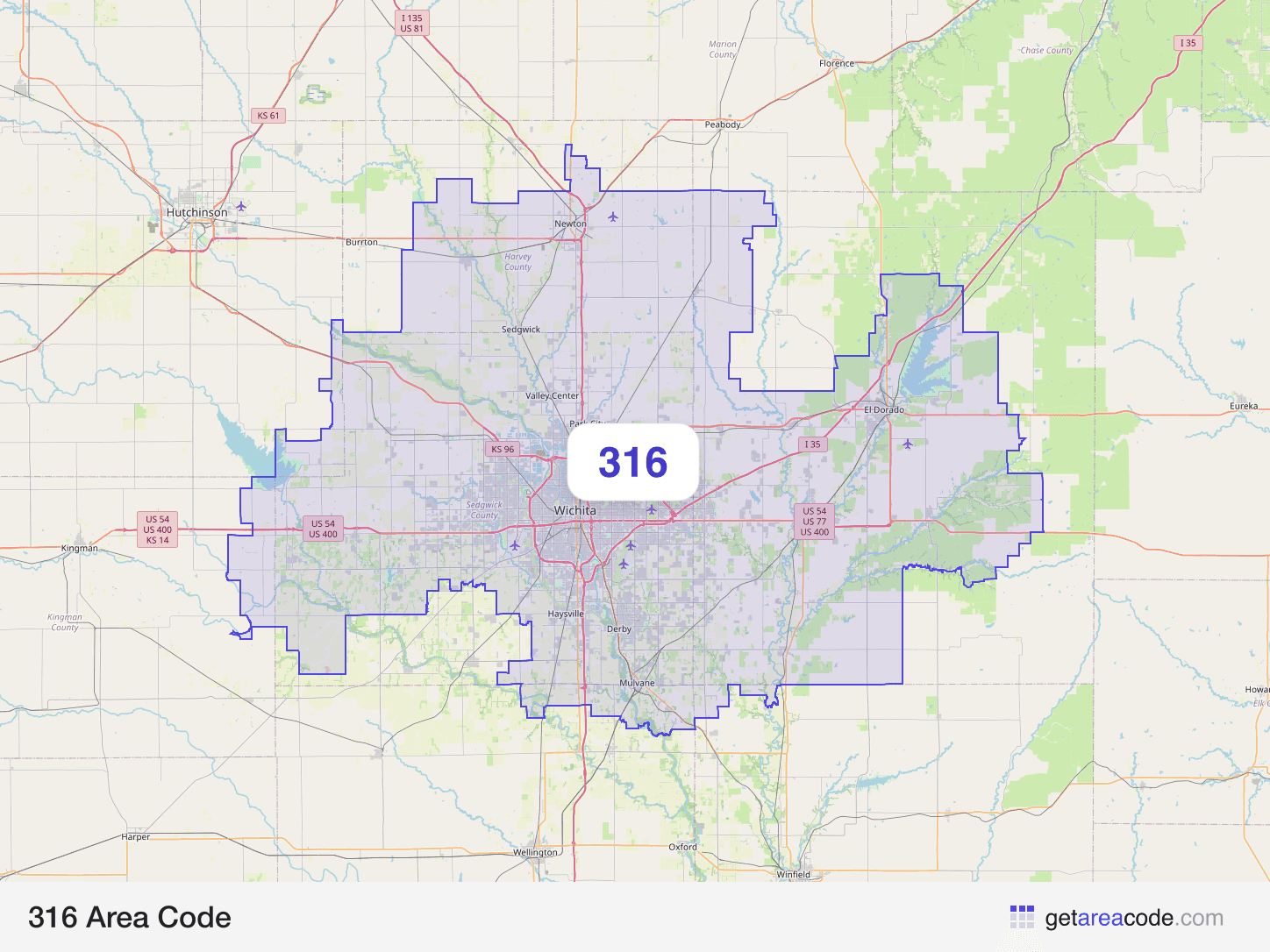 Map of the 316 area code service region around Wichita, KS
