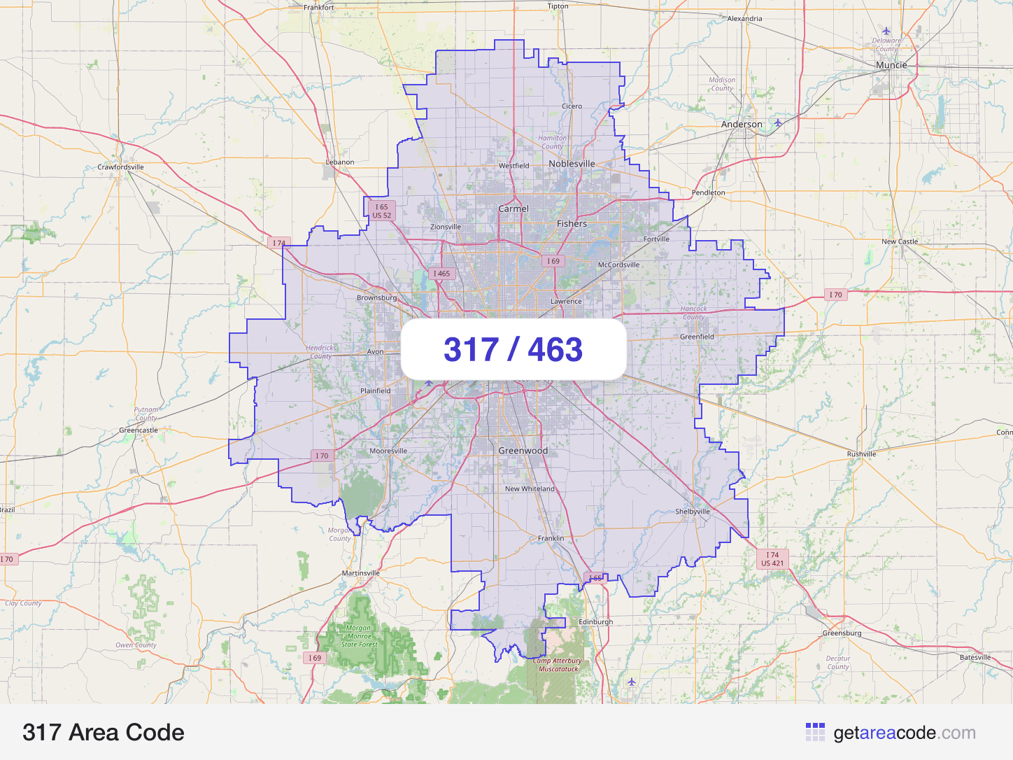 Map of the 317 area code service region around Indianapolis, IN