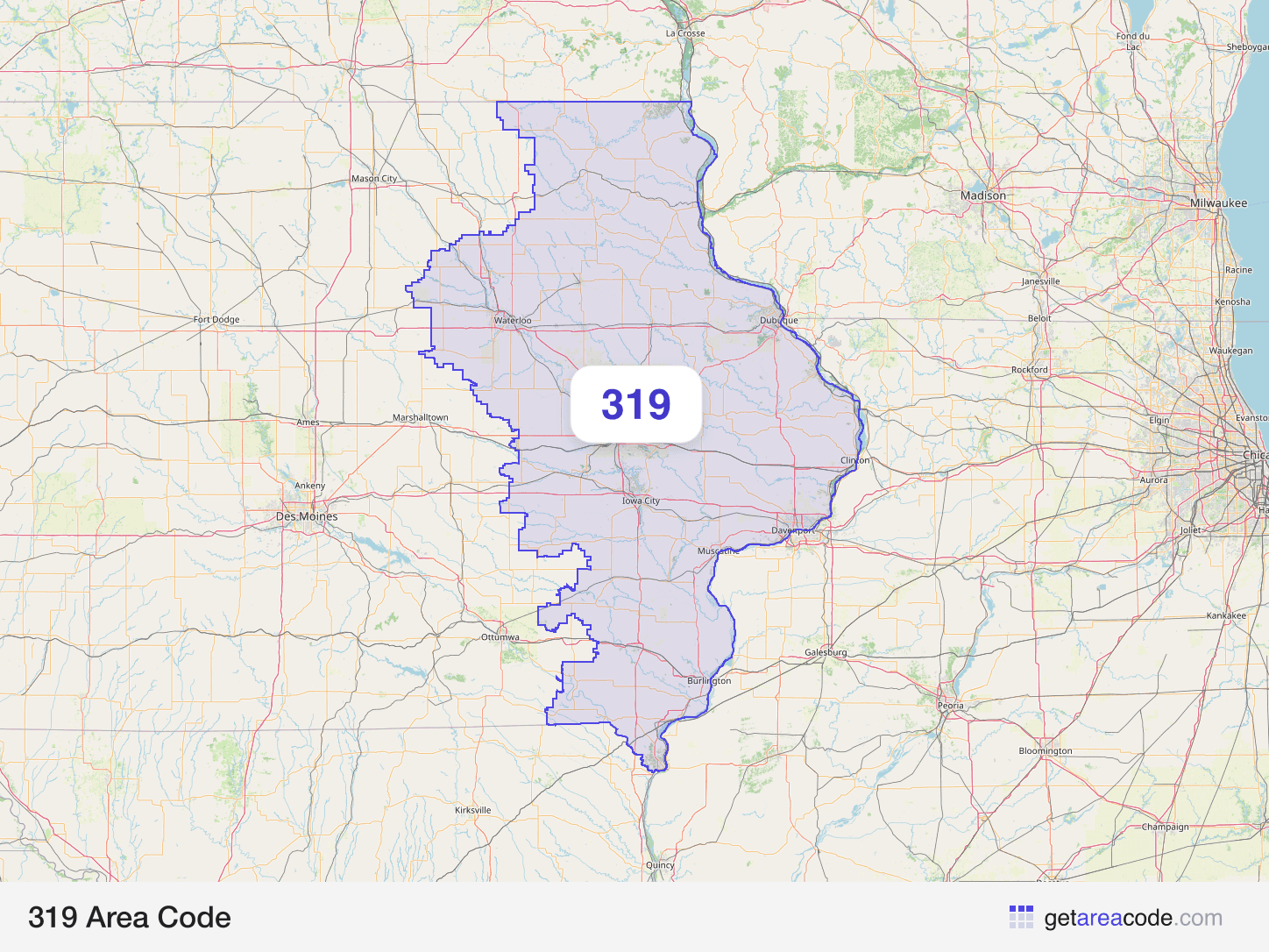Map of the 319 area code service region around Cedar Rapids, IA