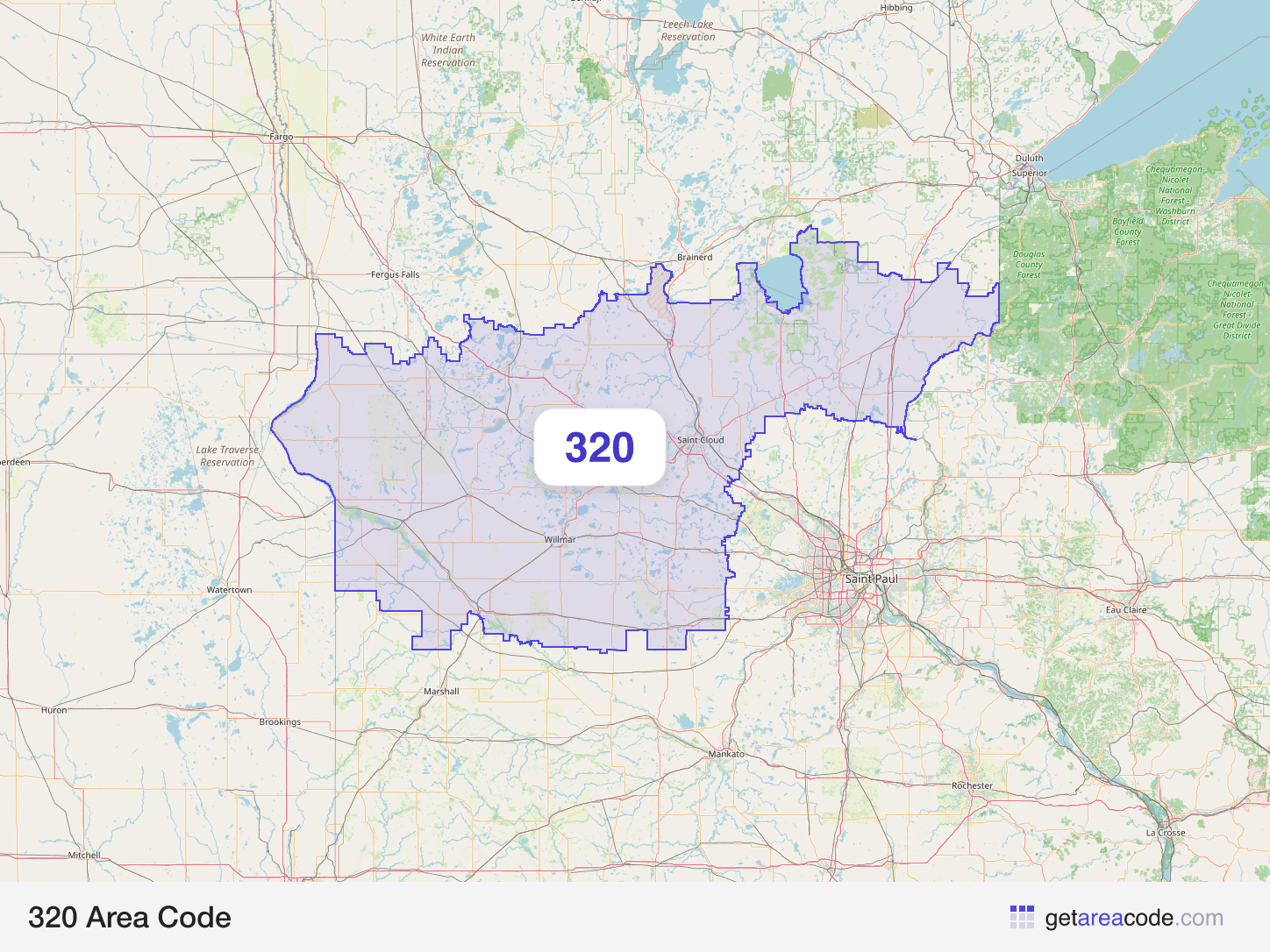 Map of the 320 area code service region around St. Cloud, MN