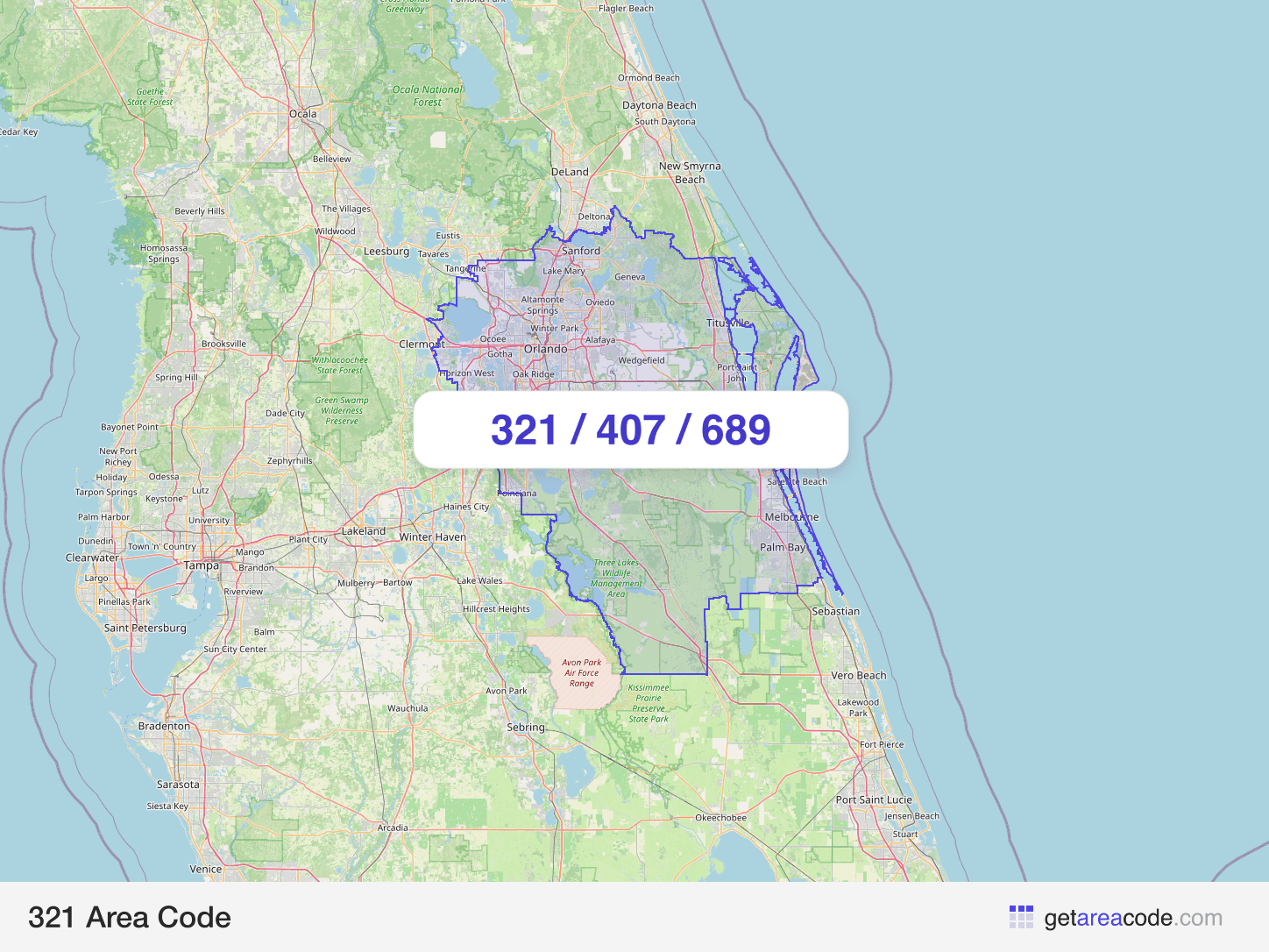 Map of the 321 area code service region around Orlando, FL