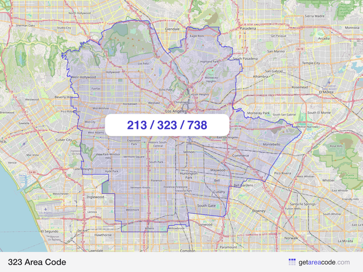 Map of the 323 area code service region around Los Angeles, CA