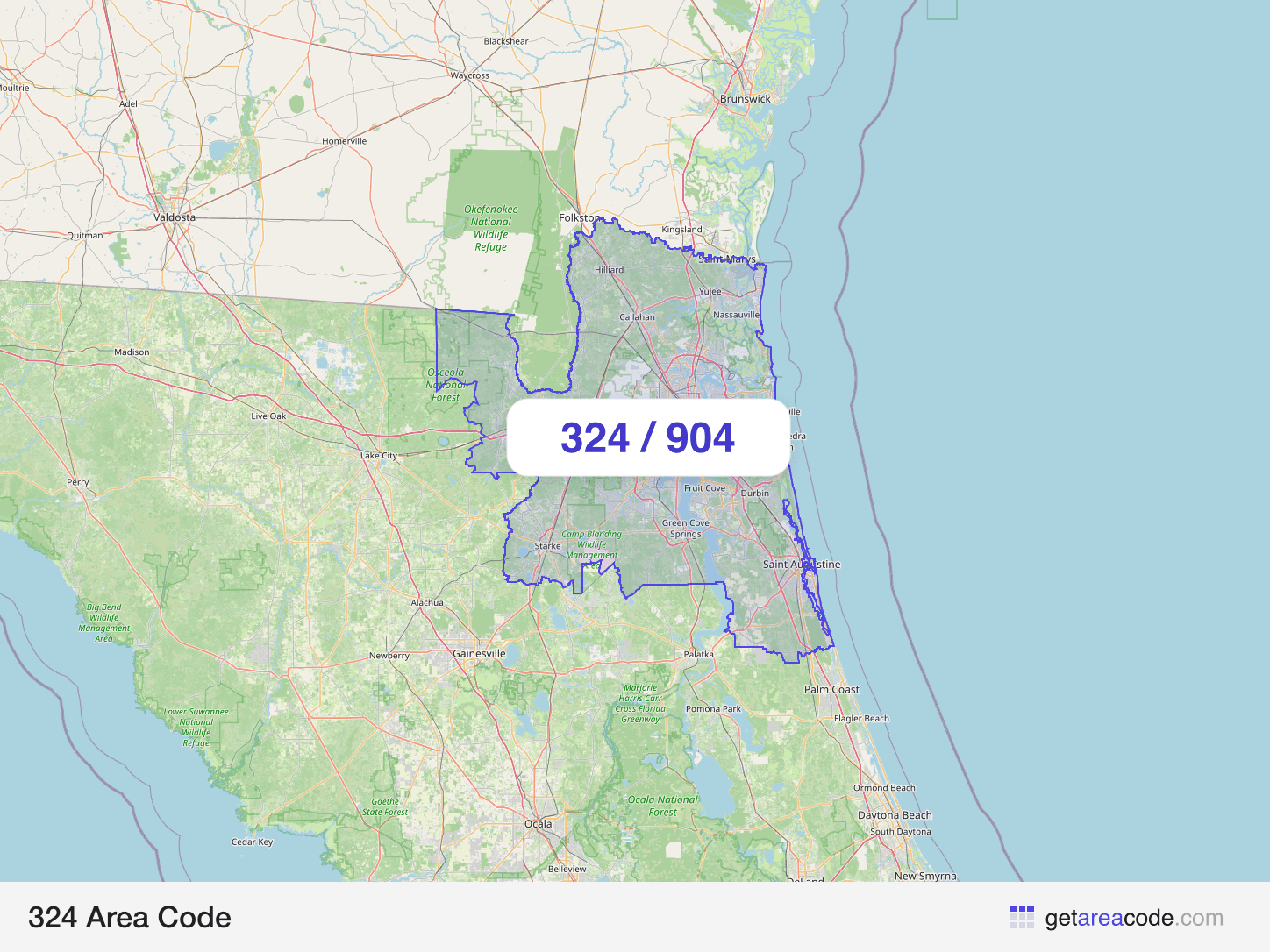 Map of the 324 area code service region around Jacksonville, FL